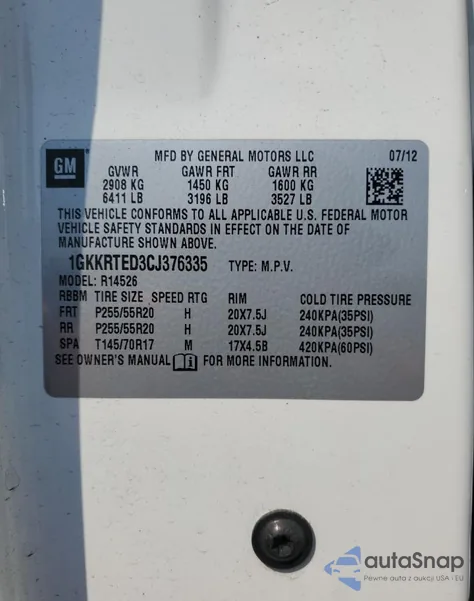 2012 GMC Acadia Denali from USA, damaged, VIN 1GKKRTED3CJ376335